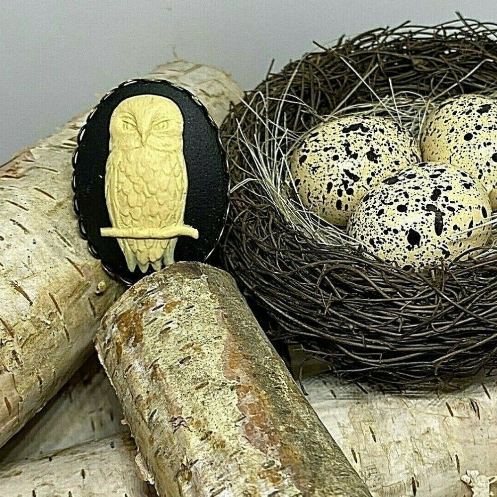 COPY - Fall Owl White Black Cameo Brass Adjustable Ring Birds